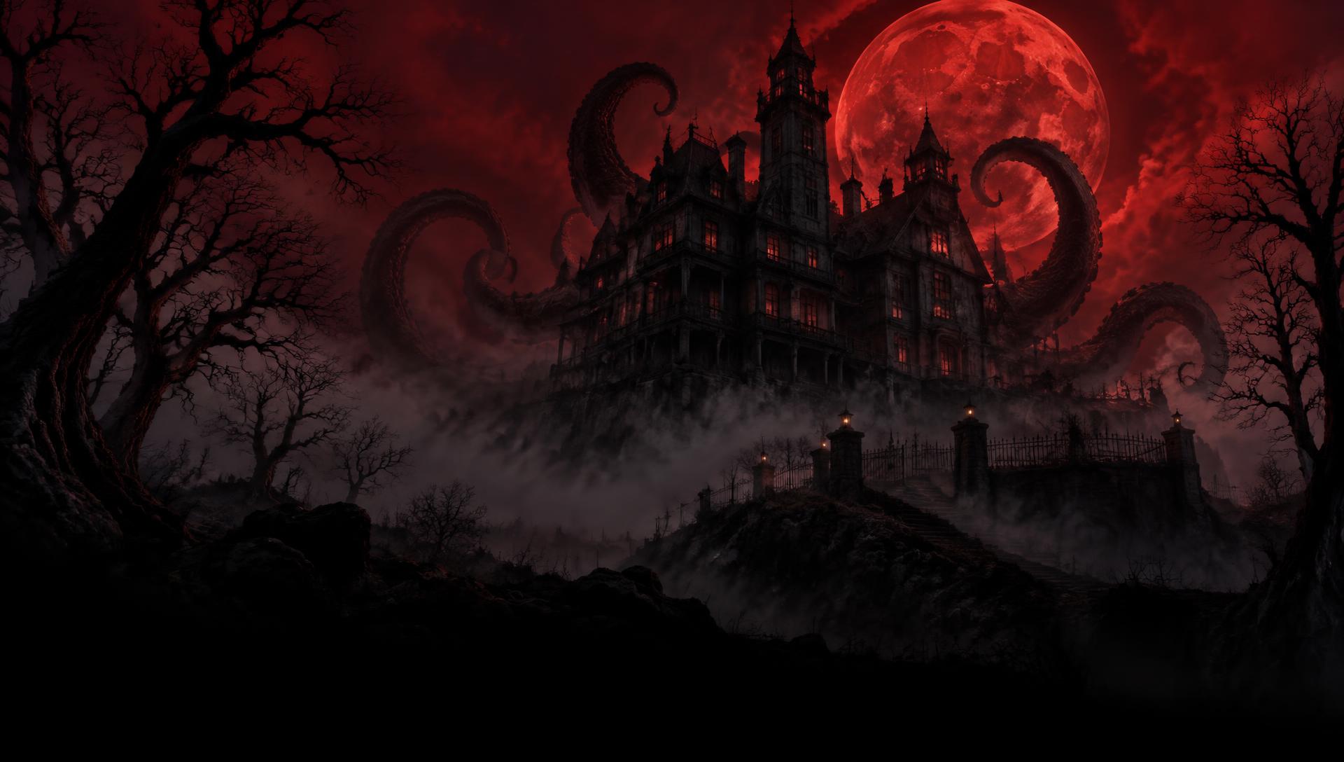 A haunted mansion beneath a blood moon, wrapped in tentacles